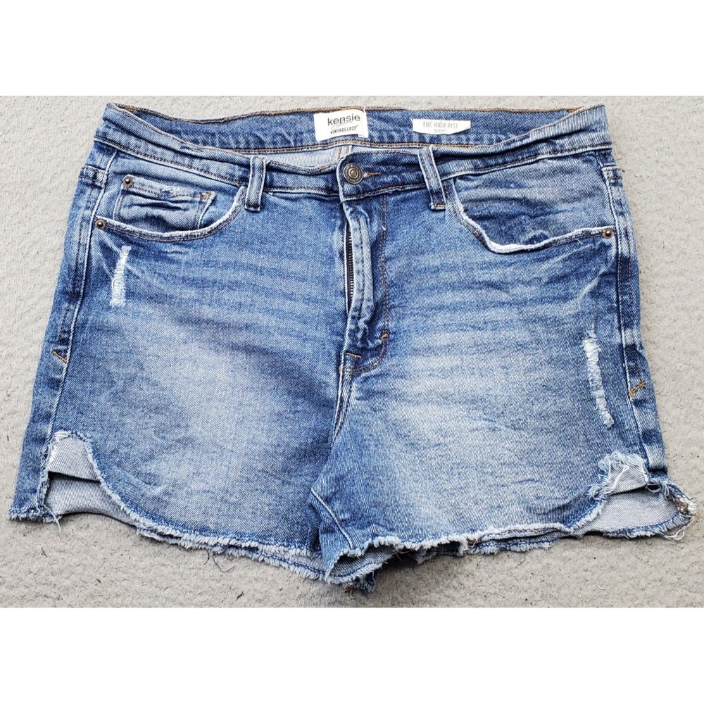 Kensie Jeans The High Rise Shorts Womens 8/29 Blue Denim Distressed Frayed Hem